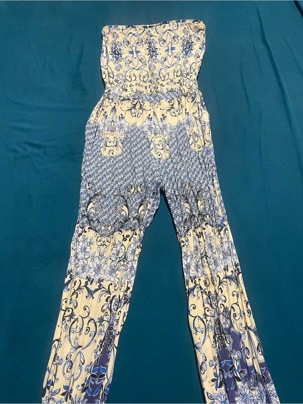 Strapless Floral Print Jumpsuit in Cream & Blue